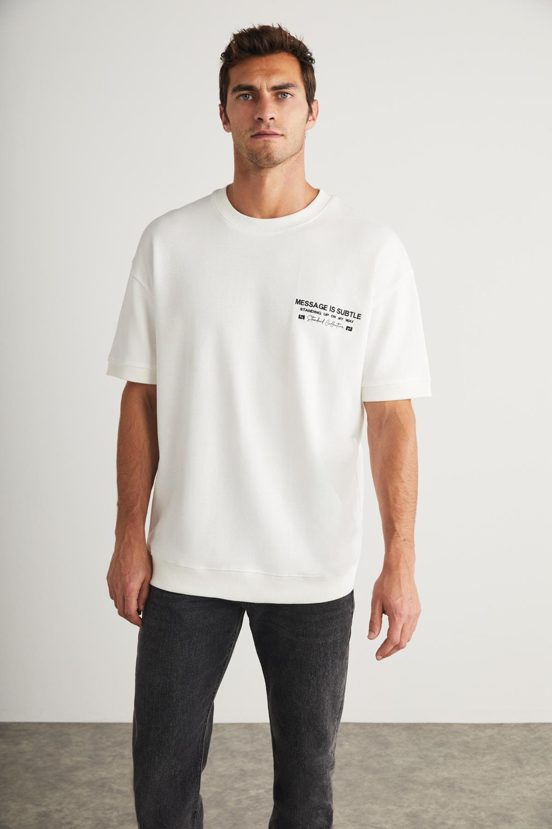 BRENDAN Basic Relaxed Ekru Tekli T-Shirt