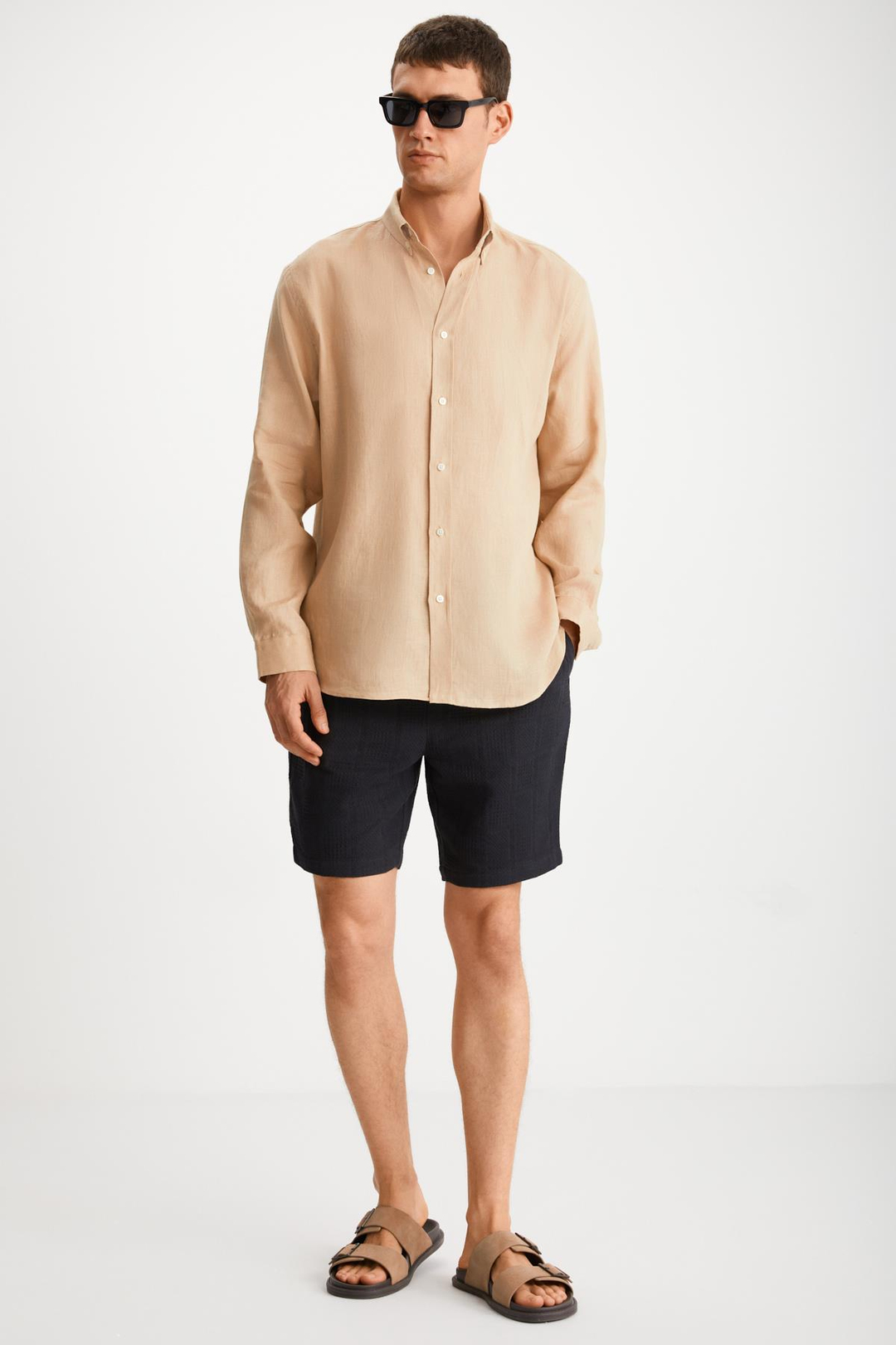 BRICE Erkek %100 Keten Kumaşlı Dökümlü Vizon Gömlek