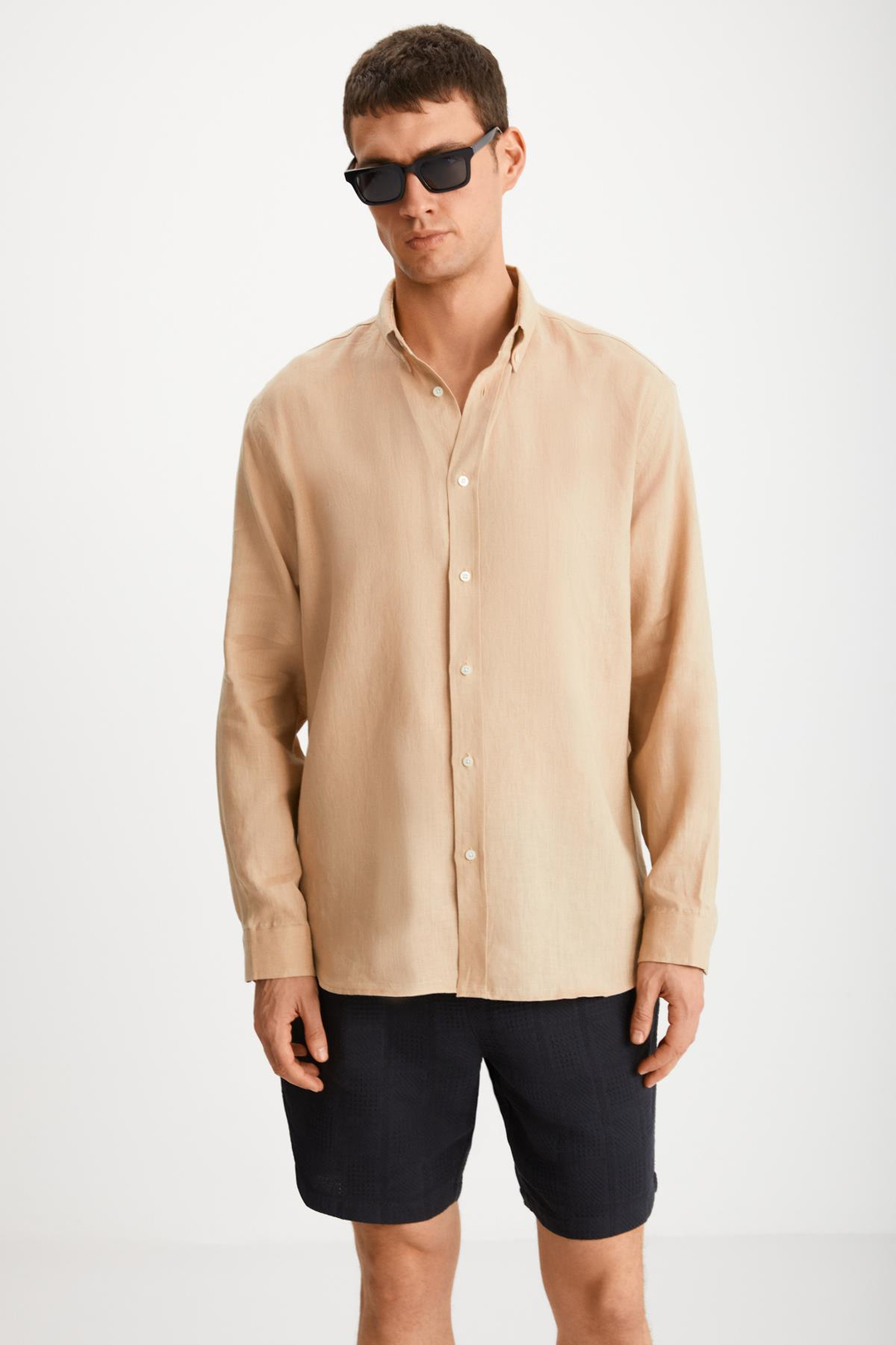 BRICE Erkek %100 Keten Kumaşlı Dökümlü Vizon Gömlek