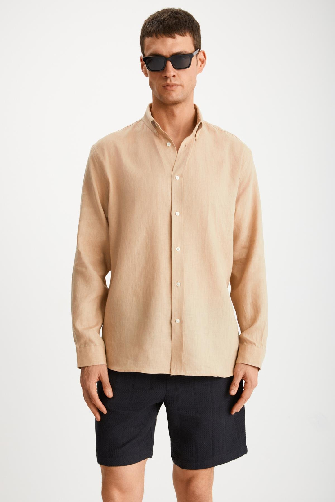 BRICE Erkek %100 Keten Kumaşlı Dökümlü Vizon Gömlek