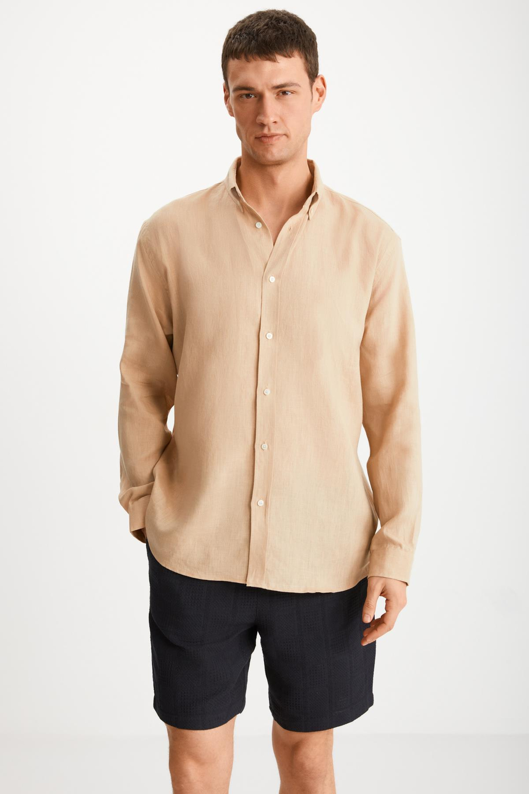 BRICE Erkek %100 Keten Kumaşlı Dökümlü Vizon Gömlek