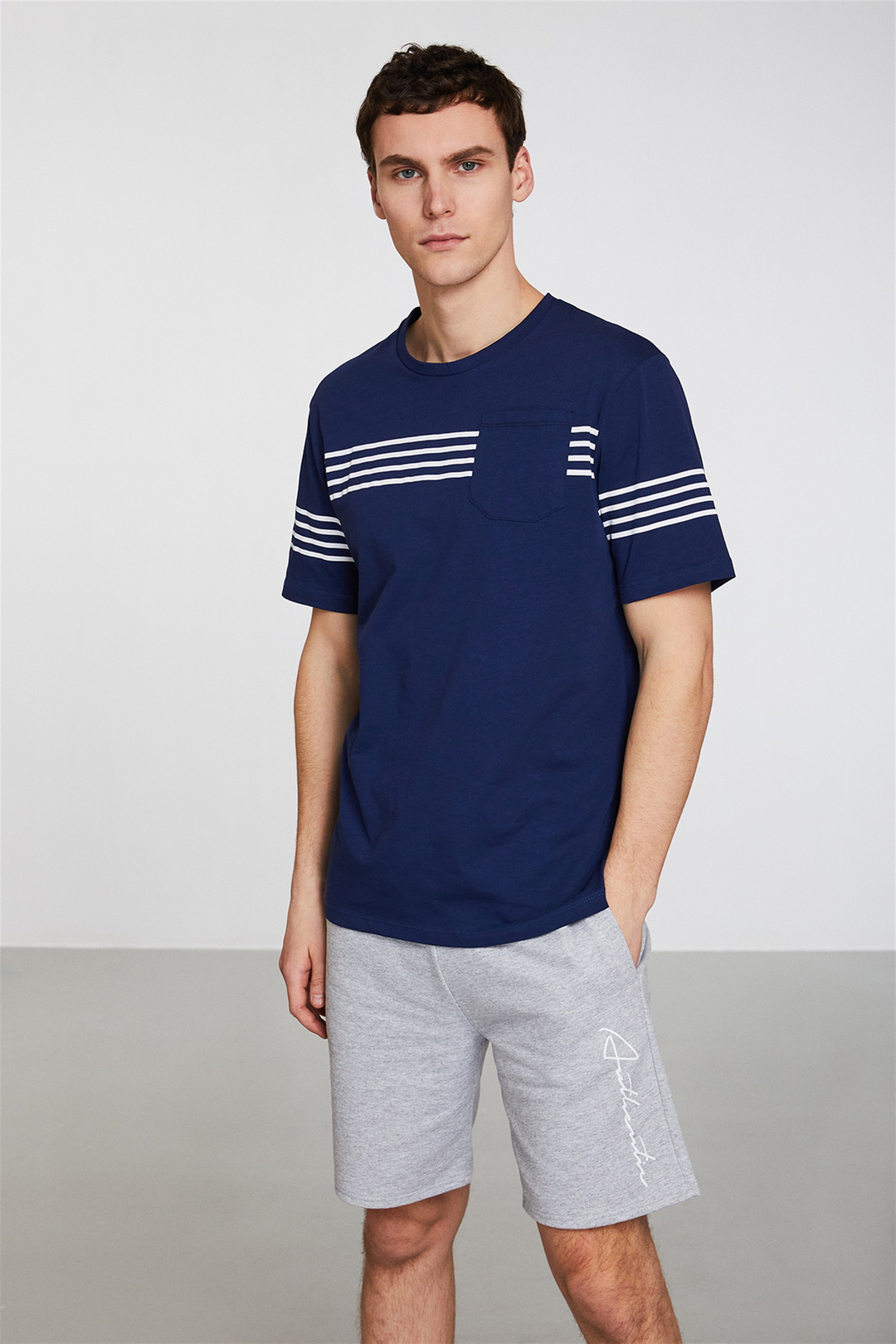 CALEB Erkek Lacivert Çizgili Yuvarlak Yaka Comfort Fit T-Shirt