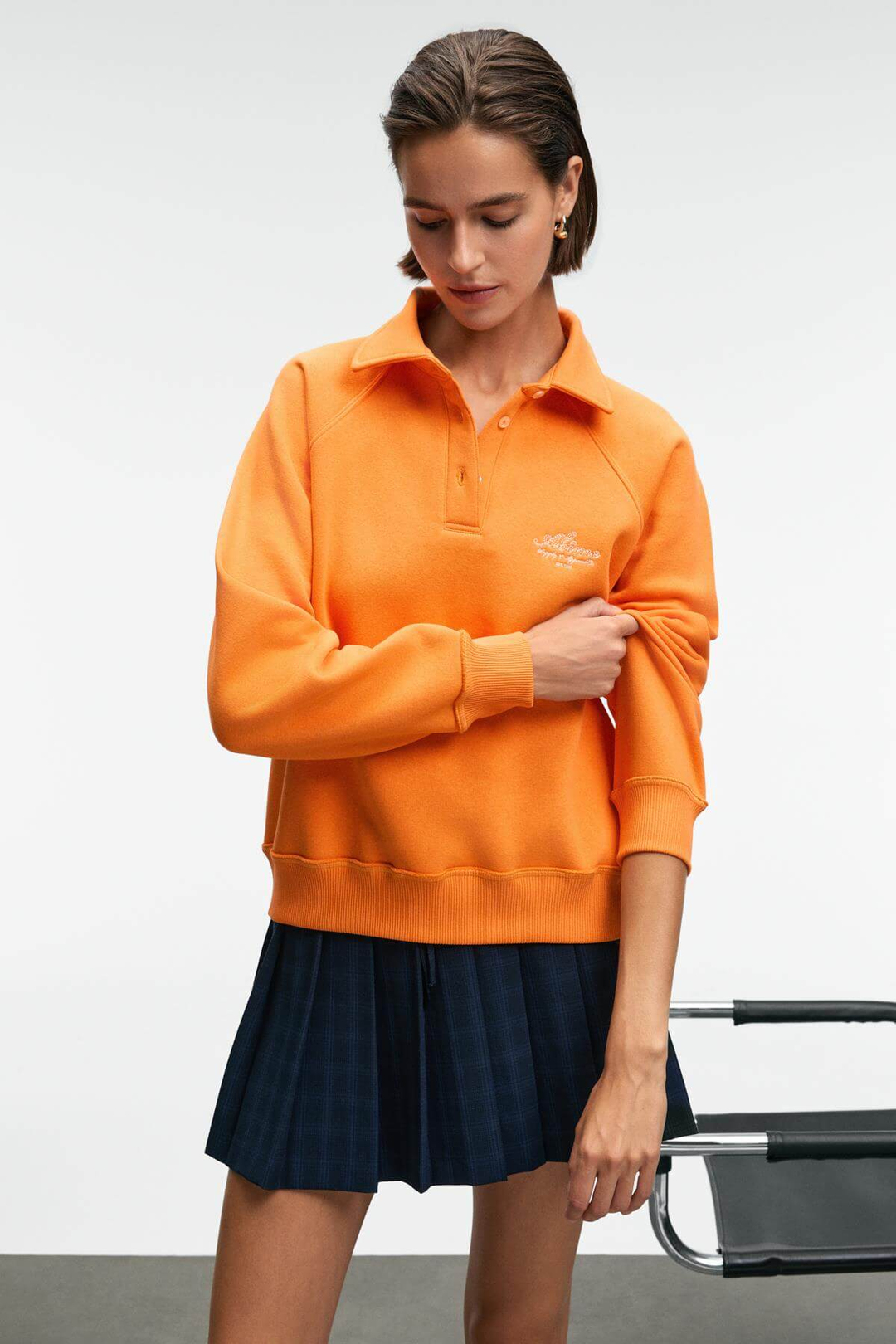 CAMIREL Kadın Polo Yaka Düğmeli Nakış Detaylı Reglan Kol Comfort Fit Turuncu Sweatshirt