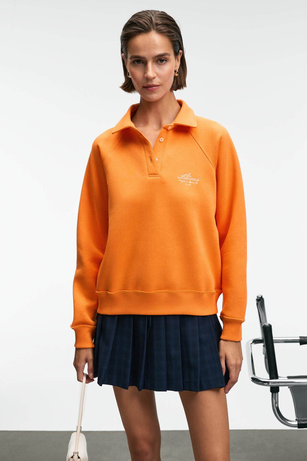 CAMIREL Kadın Polo Yaka Düğmeli Nakış Detaylı Reglan Kol Comfort Fit Turuncu Sweatshirt