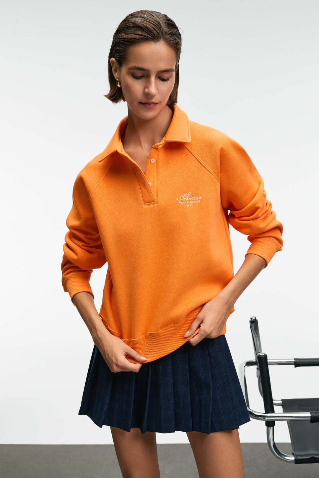 CAMIREL Kadın Polo Yaka Düğmeli Nakış Detaylı Reglan Kol Comfort Fit Turuncu Sweatshirt