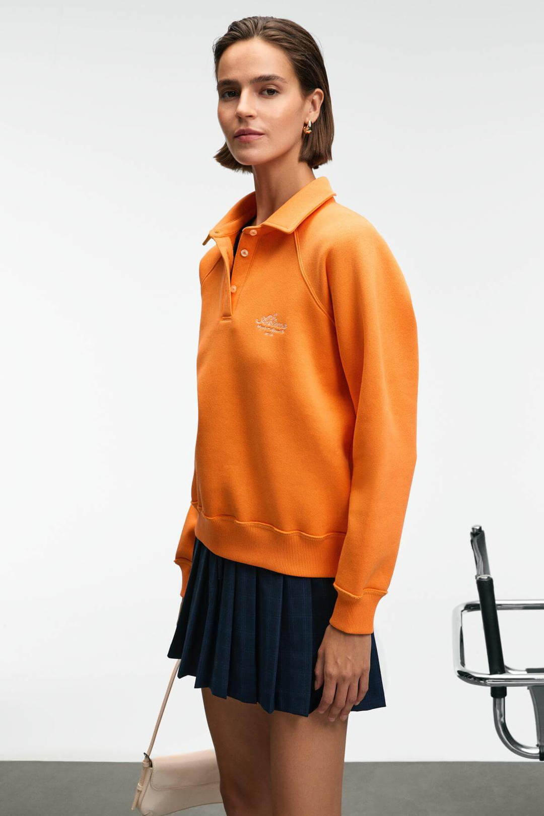 CAMIREL Kadın Polo Yaka Düğmeli Nakış Detaylı Reglan Kol Comfort Fit Turuncu Sweatshirt