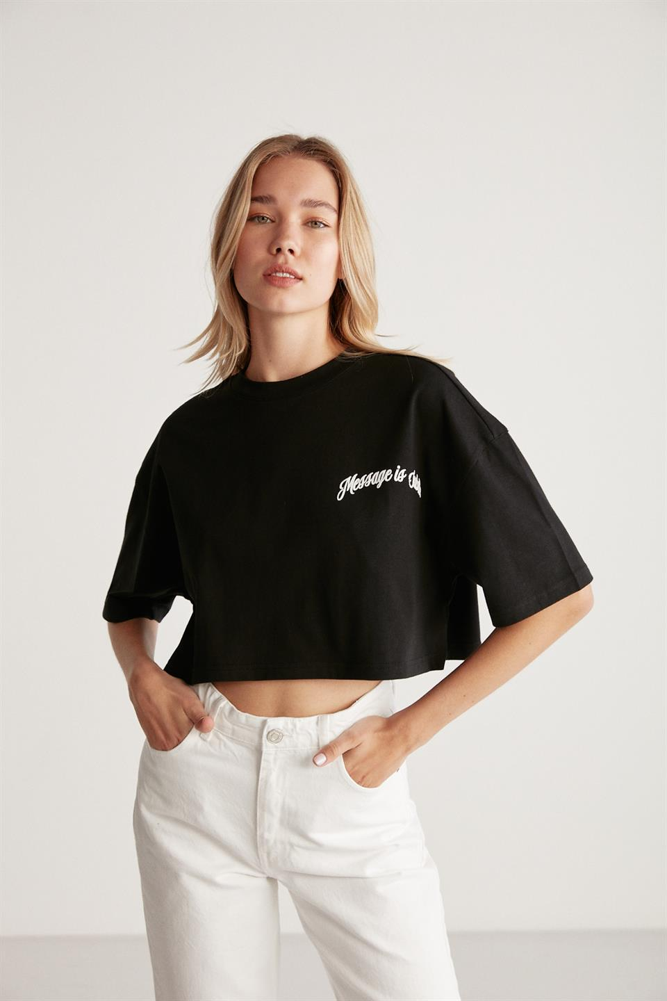 CARISSA Örme Oversize Siyah Tekli T-Shirt
