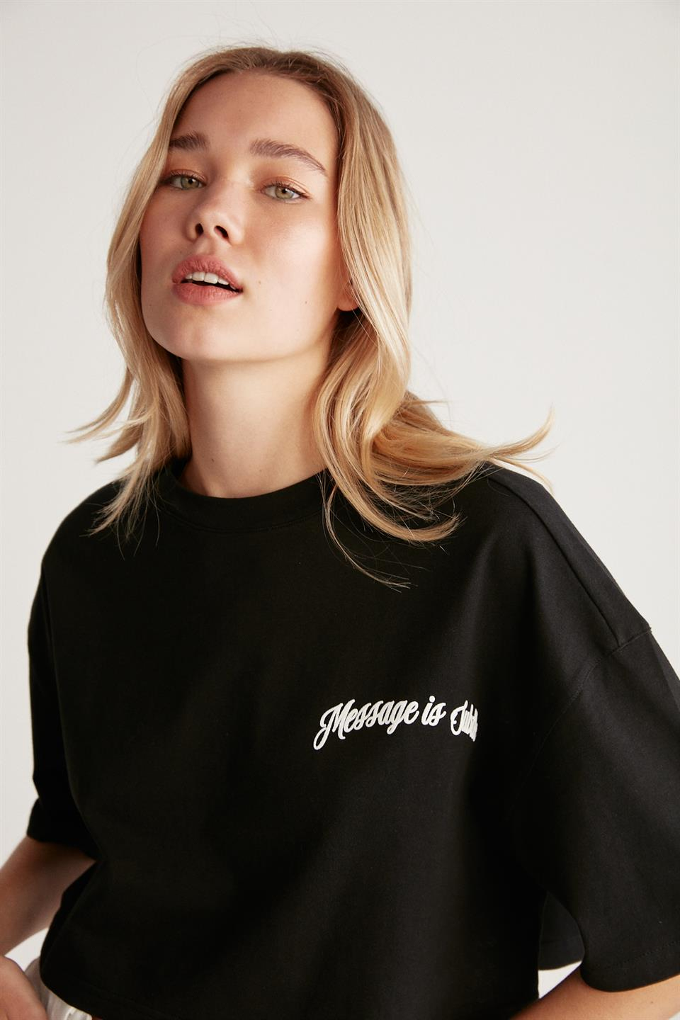 CARISSA Örme Oversize Siyah Tekli T-Shirt