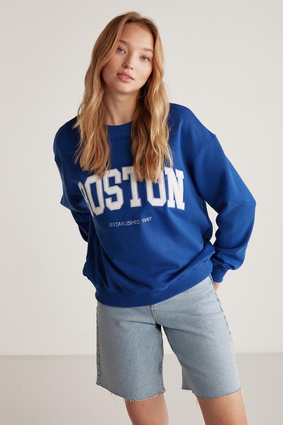 CAROLA Örme Oversize Lacivert Tekli Sweatshirt