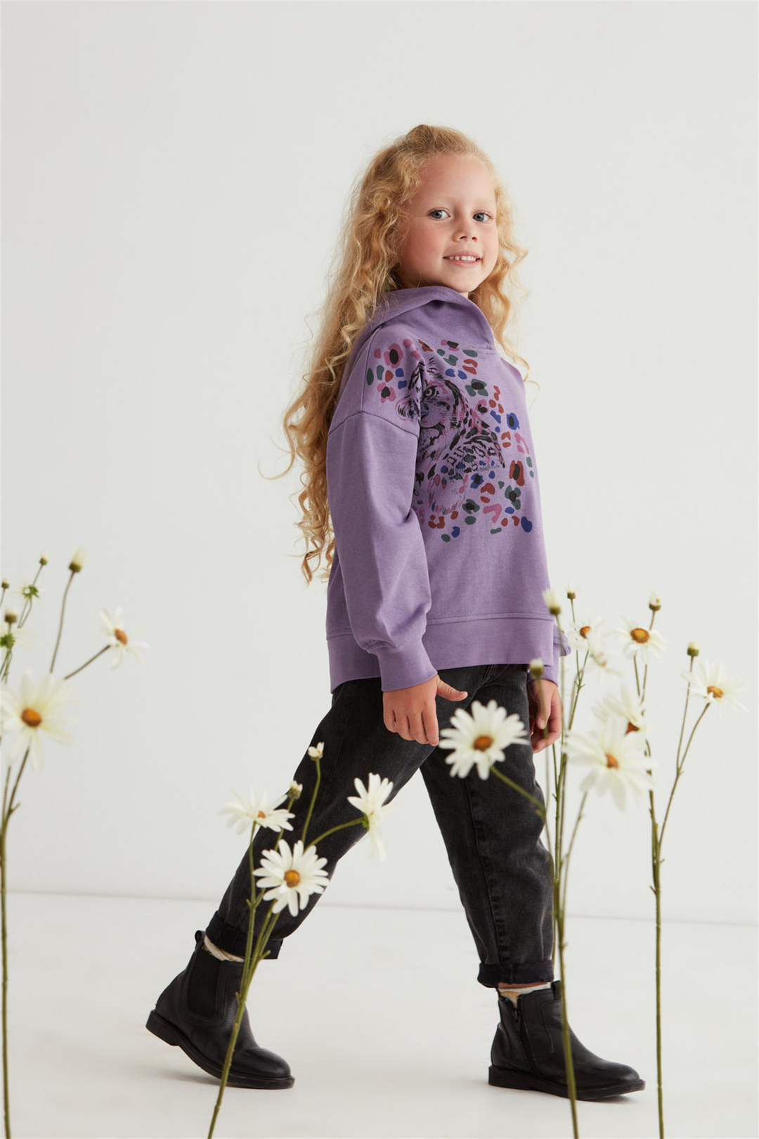 CATTY Çocuk Mor Baskılı Yuvarlak Yaka Oversize Sweatshirt