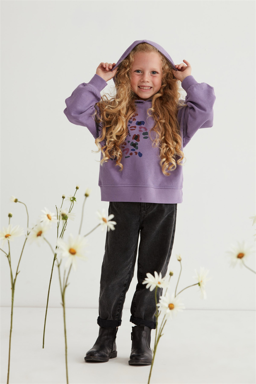 CATTY Çocuk Mor Baskılı Yuvarlak Yaka Oversize Sweatshirt