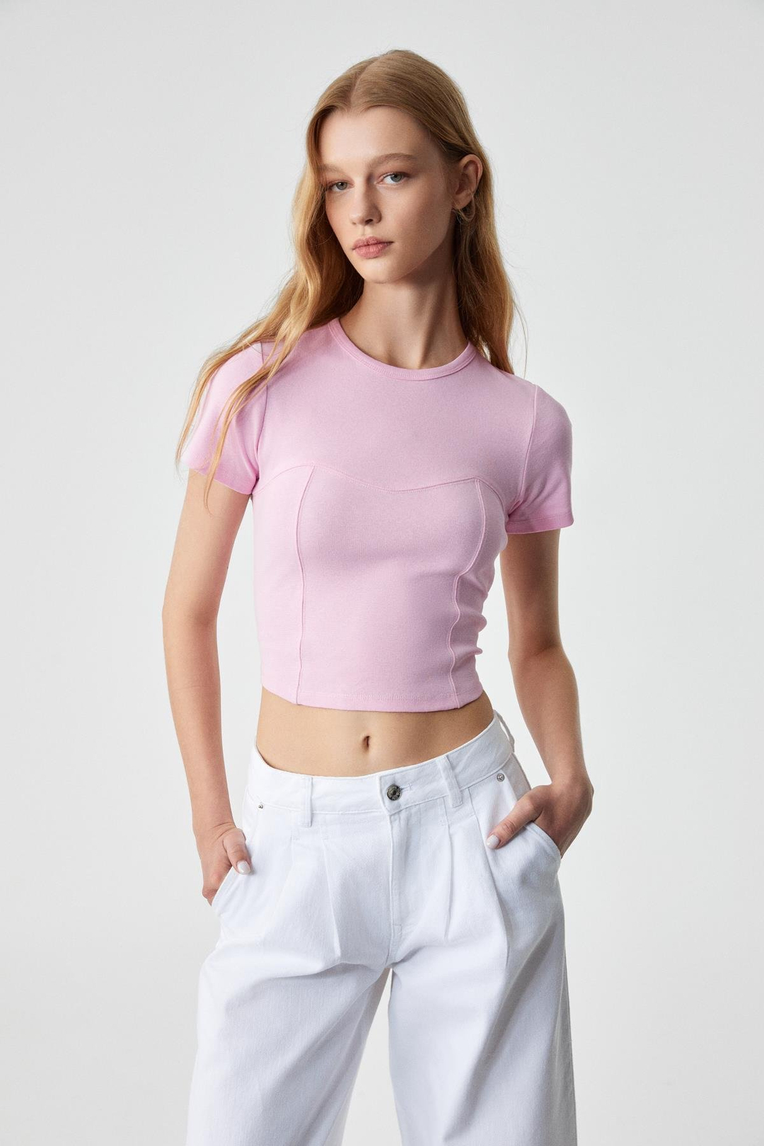 CERAEN Kadın Slim Kısa Kol Bisiklet Yaka Pembe T-Shirt