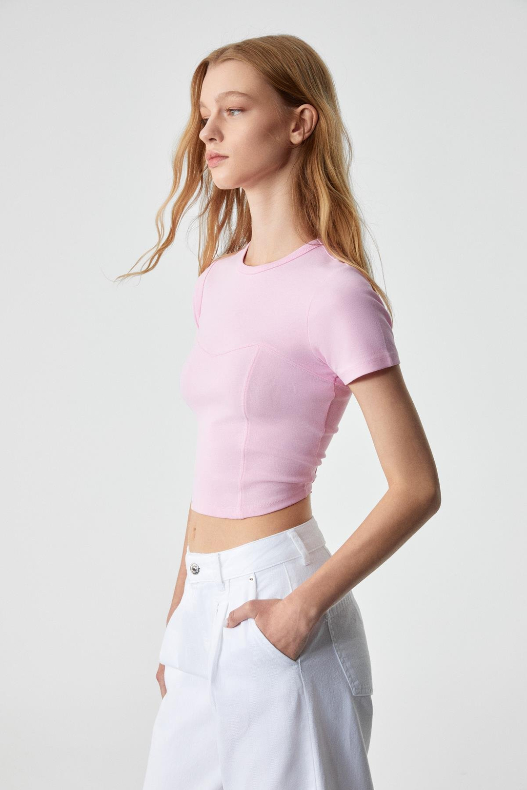 CERAEN Kadın Slim Kısa Kol Bisiklet Yaka Pembe T-Shirt