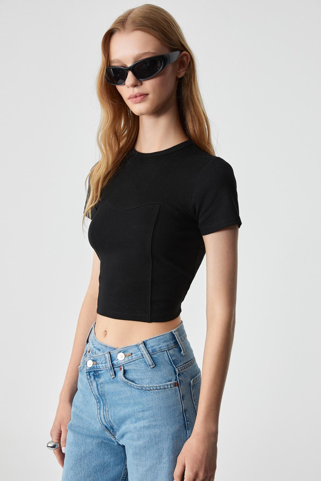 CERAEN Kadın Slim Kısa Kol Bisiklet Yaka Siyah T-Shirt