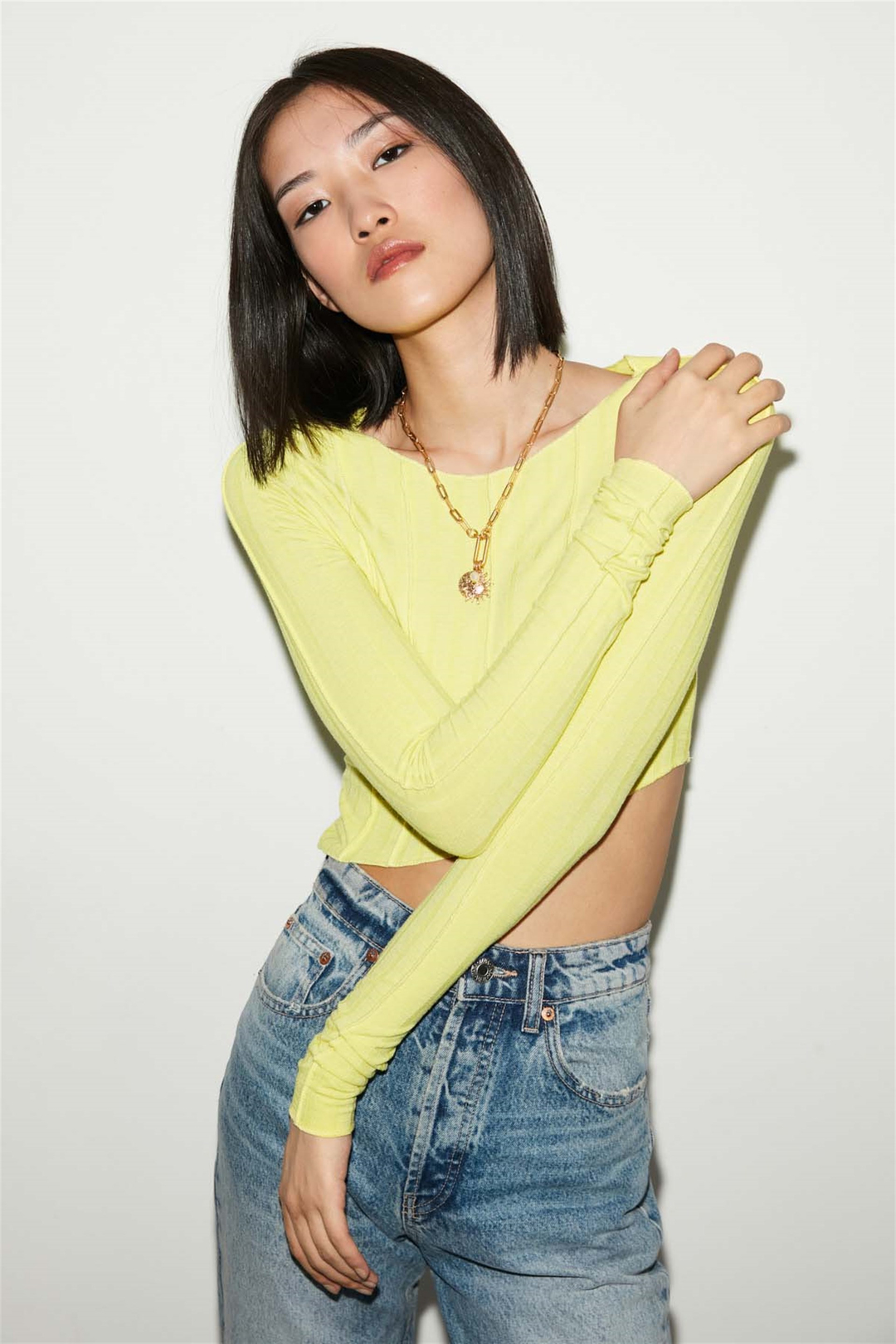CHERRY Örme Crop Sarı  Bluz