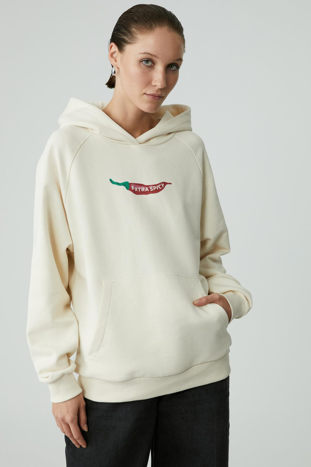 CHILLI Kadın Oversize Şardonlu Kapüşonlu Baskılı Kanguru Cepli Ekru Sweatshirt
