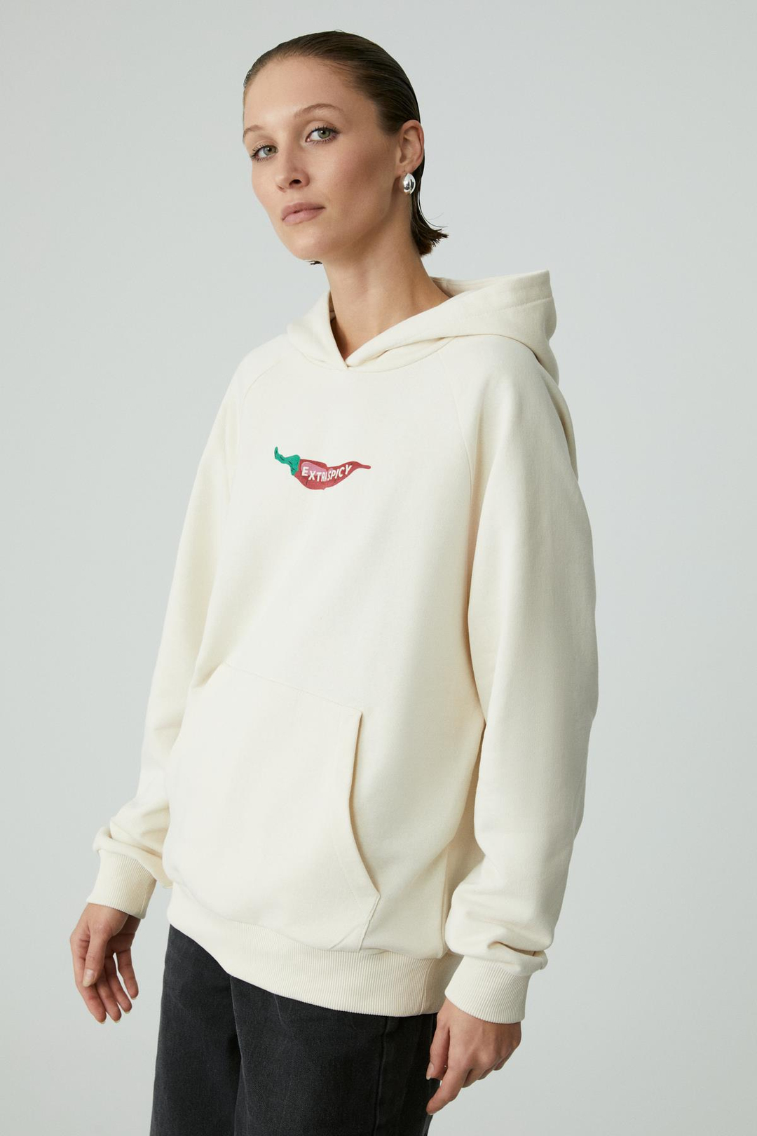 CHILLI Kadın Oversize Şardonlu Kapüşonlu Baskılı Kanguru Cepli Ekru Sweatshirt