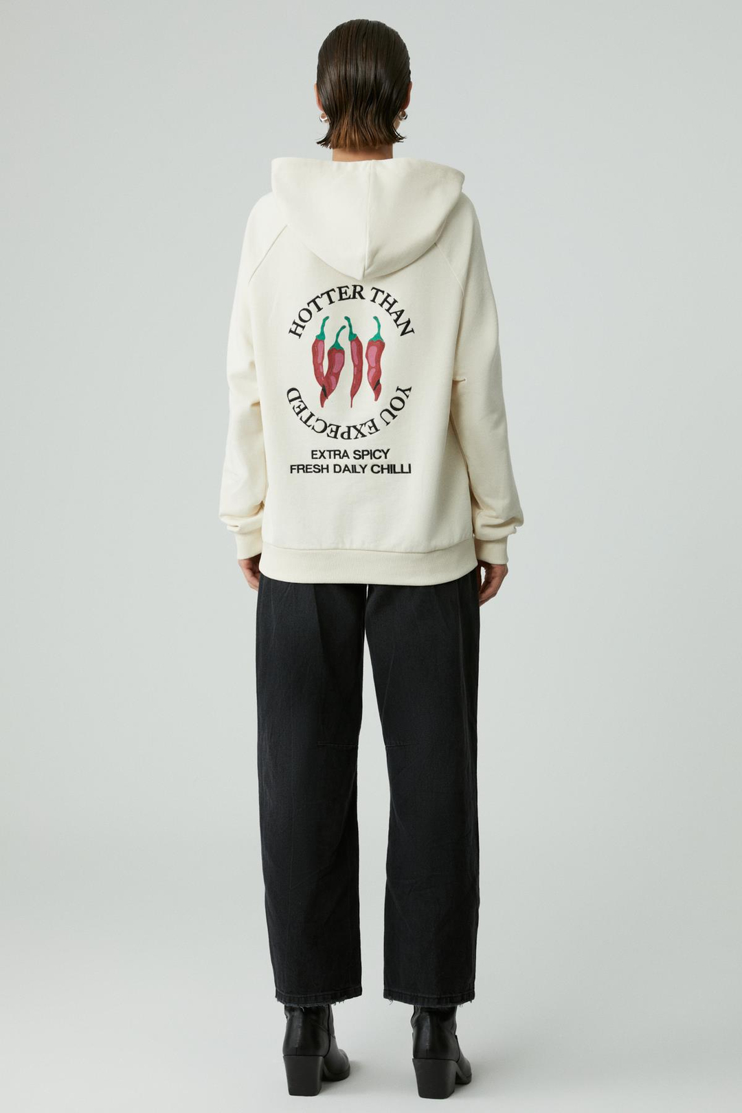 CHILLI Kadın Oversize Şardonlu Kapüşonlu Baskılı Kanguru Cepli Ekru Sweatshirt