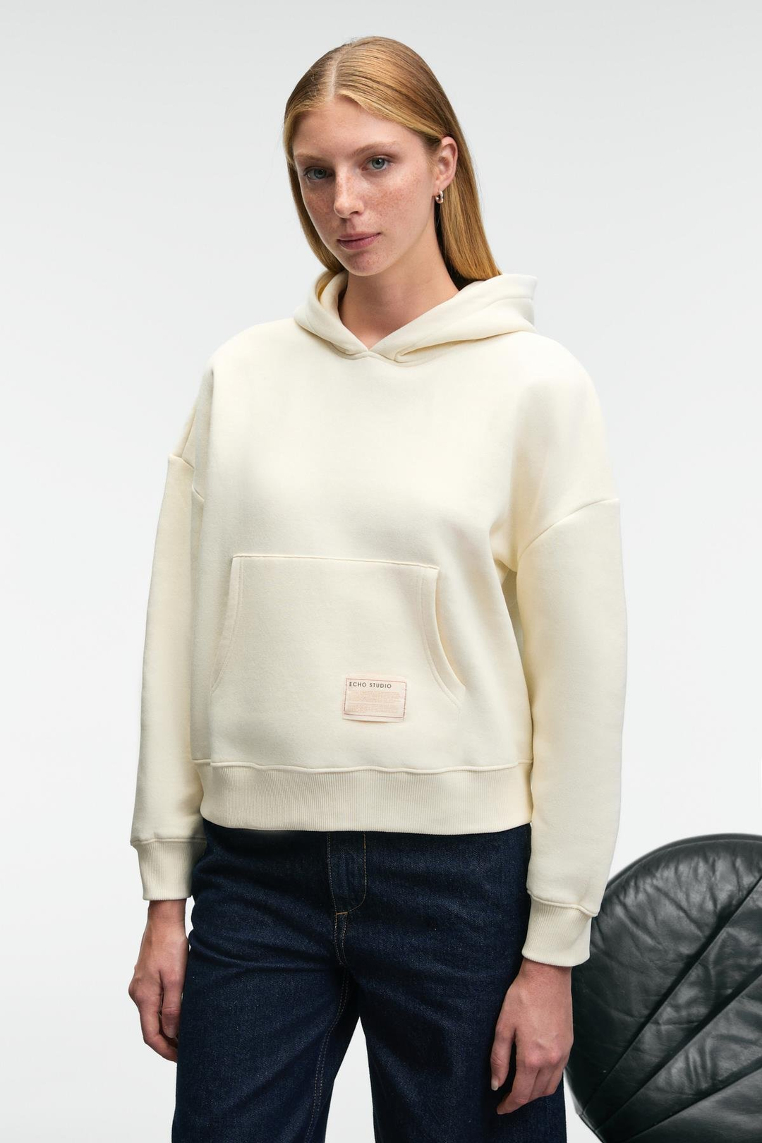 CLARIE Kadın Organik Pamuklu Oversize Kanguru Cepli Kapüşonlu Ekru Sweatshirt