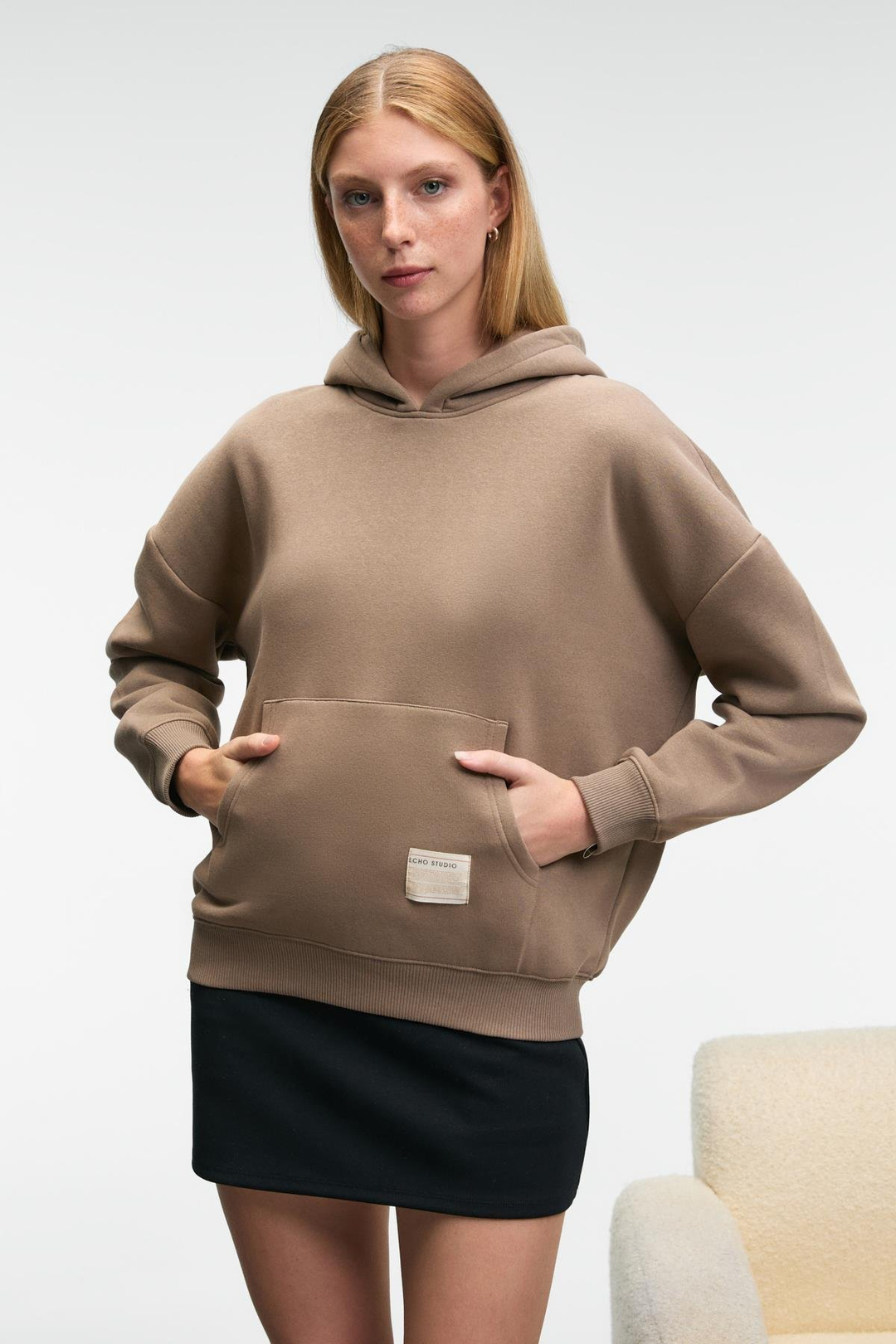CLARIE Kadın Organik Pamuklu Oversize Kanguru Cepli Kapüşonlu Vizon Sweatshirt