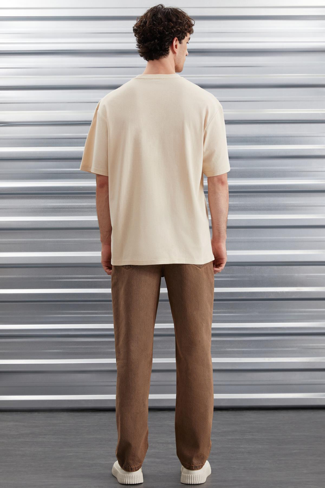 DARELL Erkek Oversize Fit %100 Pamuk Kalın Dokulu Baskılı Bej T-Shirt