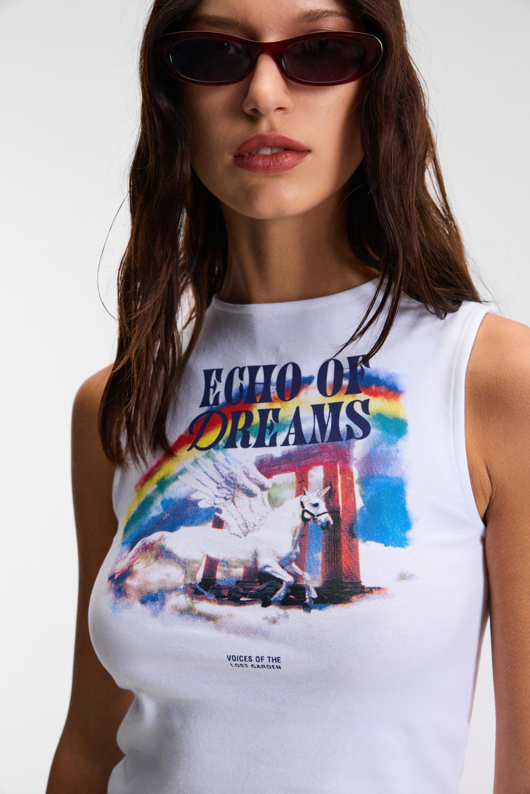 DAREVA Kadın Esnek Kumaşlı Sıfır Kol Baskı Detaylı Yumuşak Dokulu Slim Fit Beyaz T-Shirt