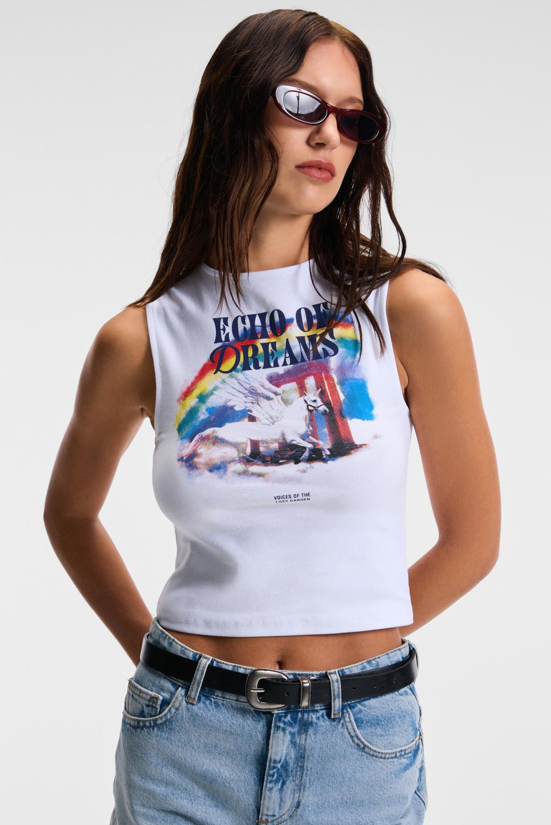 DAREVA Kadın Esnek Kumaşlı Sıfır Kol Baskı Detaylı Yumuşak Dokulu Slim Fit Beyaz T-Shirt