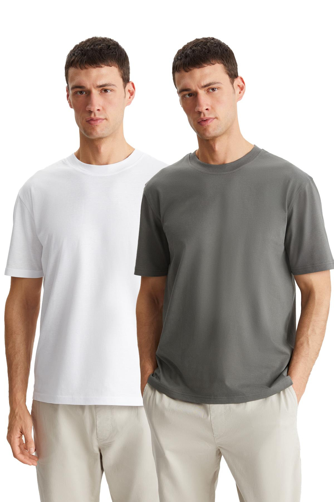 DAXTON Erkek %100 Pamuk 2'li Paket Kısa Kollu Regular Fit Baskılı Gri-Ekru T-Shirt