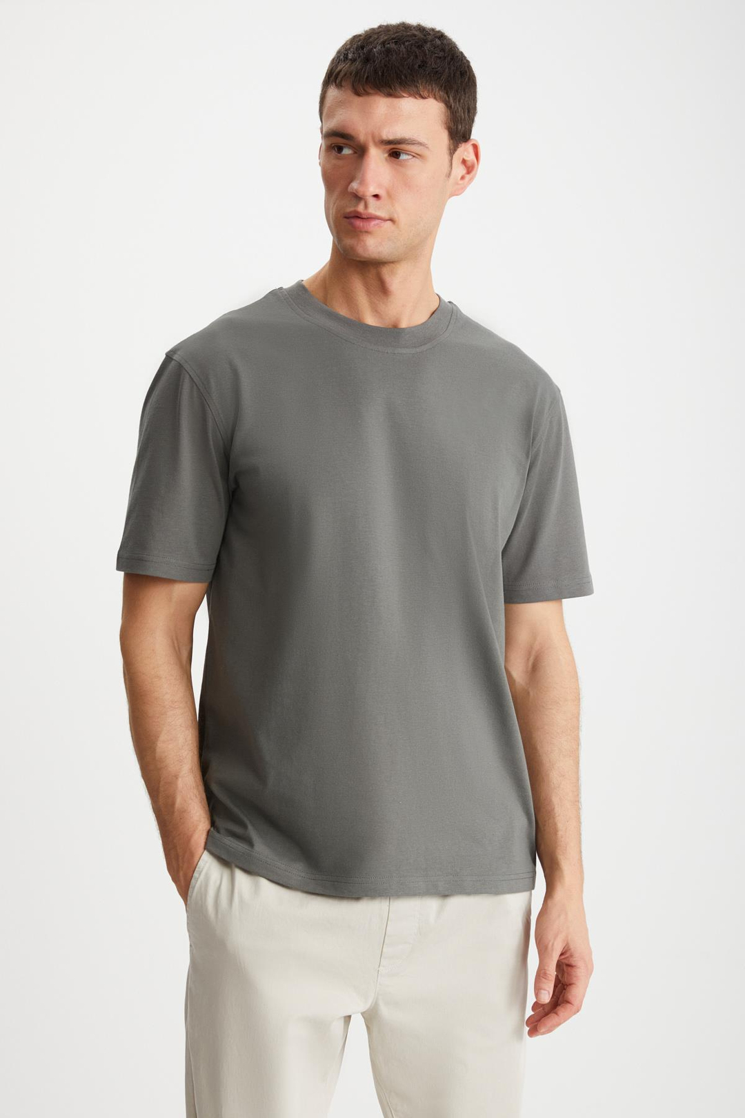 DAXTON Erkek %100 Pamuk 2'li Paket Kısa Kollu Regular Fit Baskılı Gri-Ekru T-Shirt