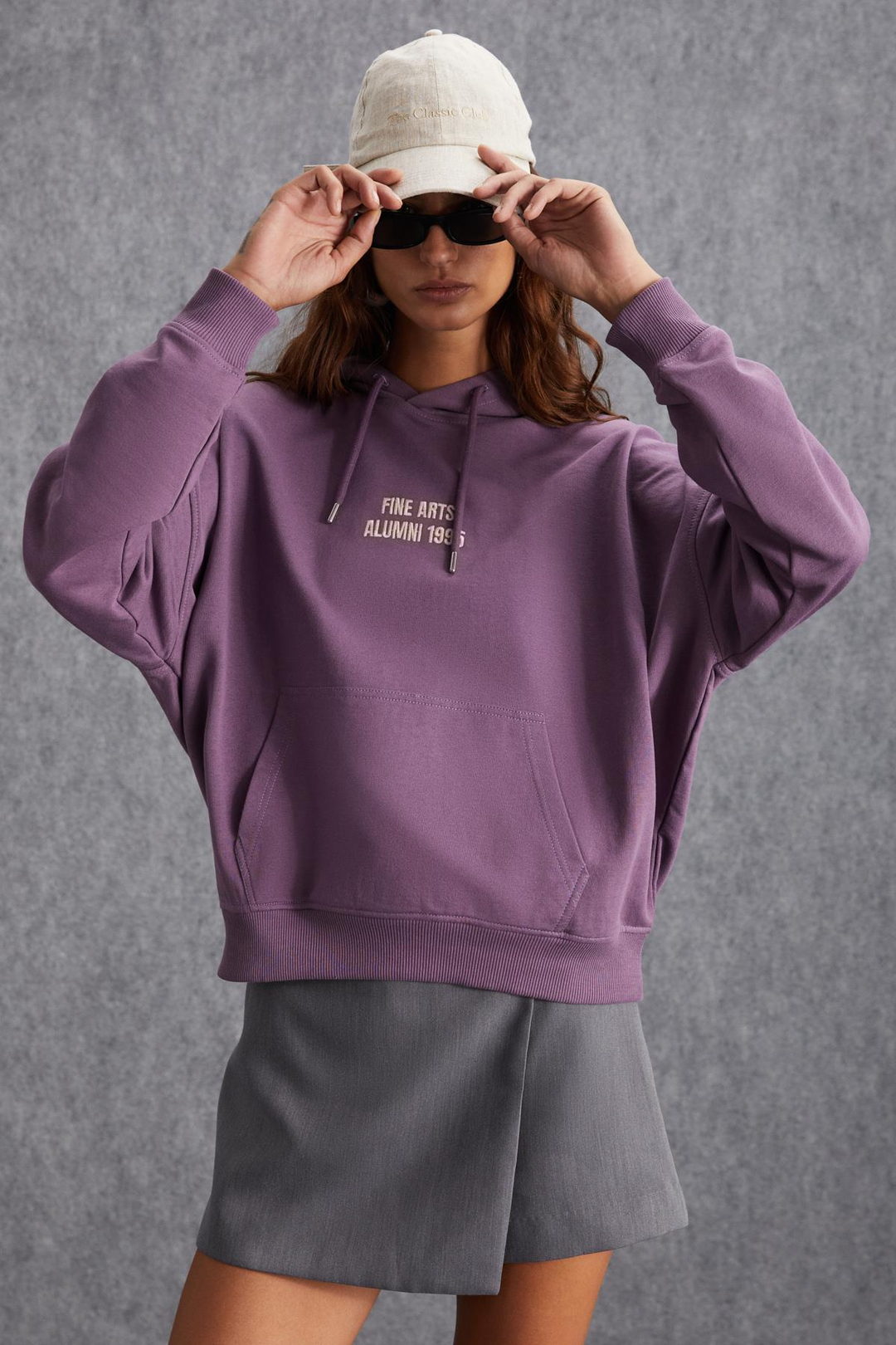 DAYELIN Kadın Nakış Detaylı Organik Pamuk Regular Kapüşonlu Kanguru Cepli Mor Sweatshirt