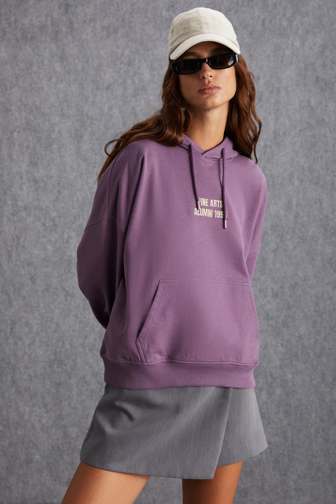 DAYELIN Kadın Nakış Detaylı Organik Pamuk Regular Kapüşonlu Kanguru Cepli Mor Sweatshirt