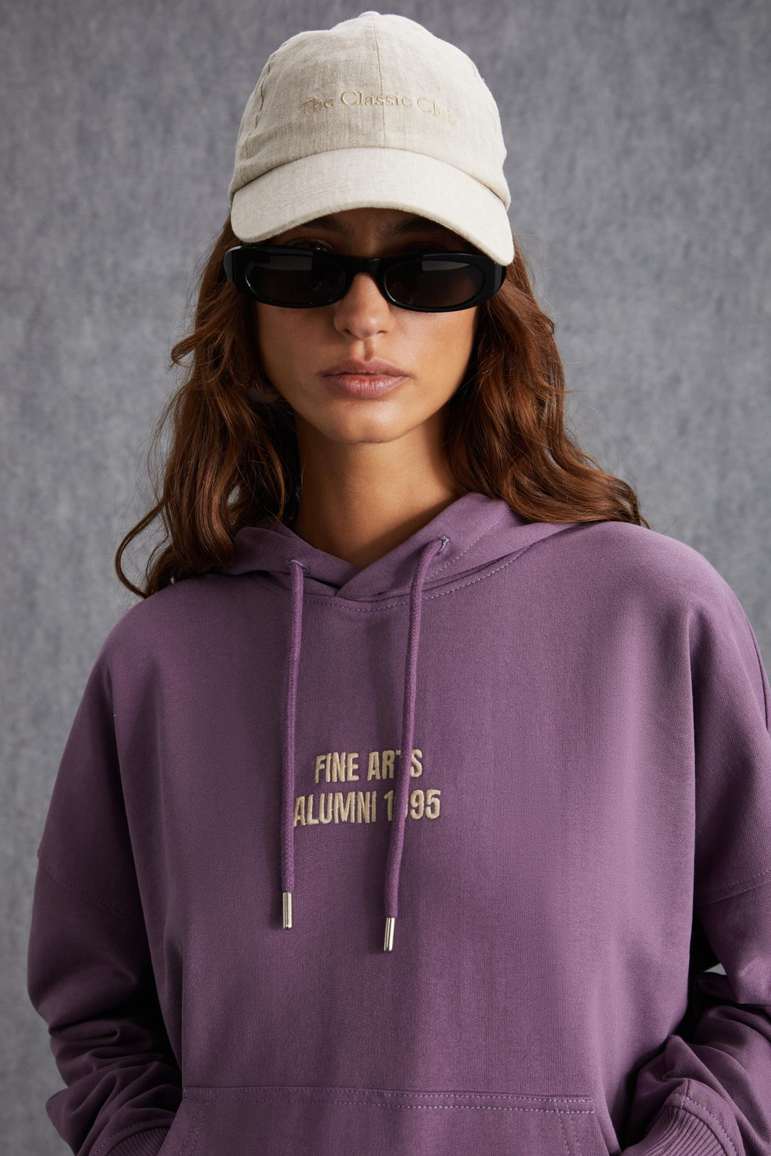 DAYELIN Kadın Nakış Detaylı Organik Pamuk Regular Kapüşonlu Kanguru Cepli Mor Sweatshirt