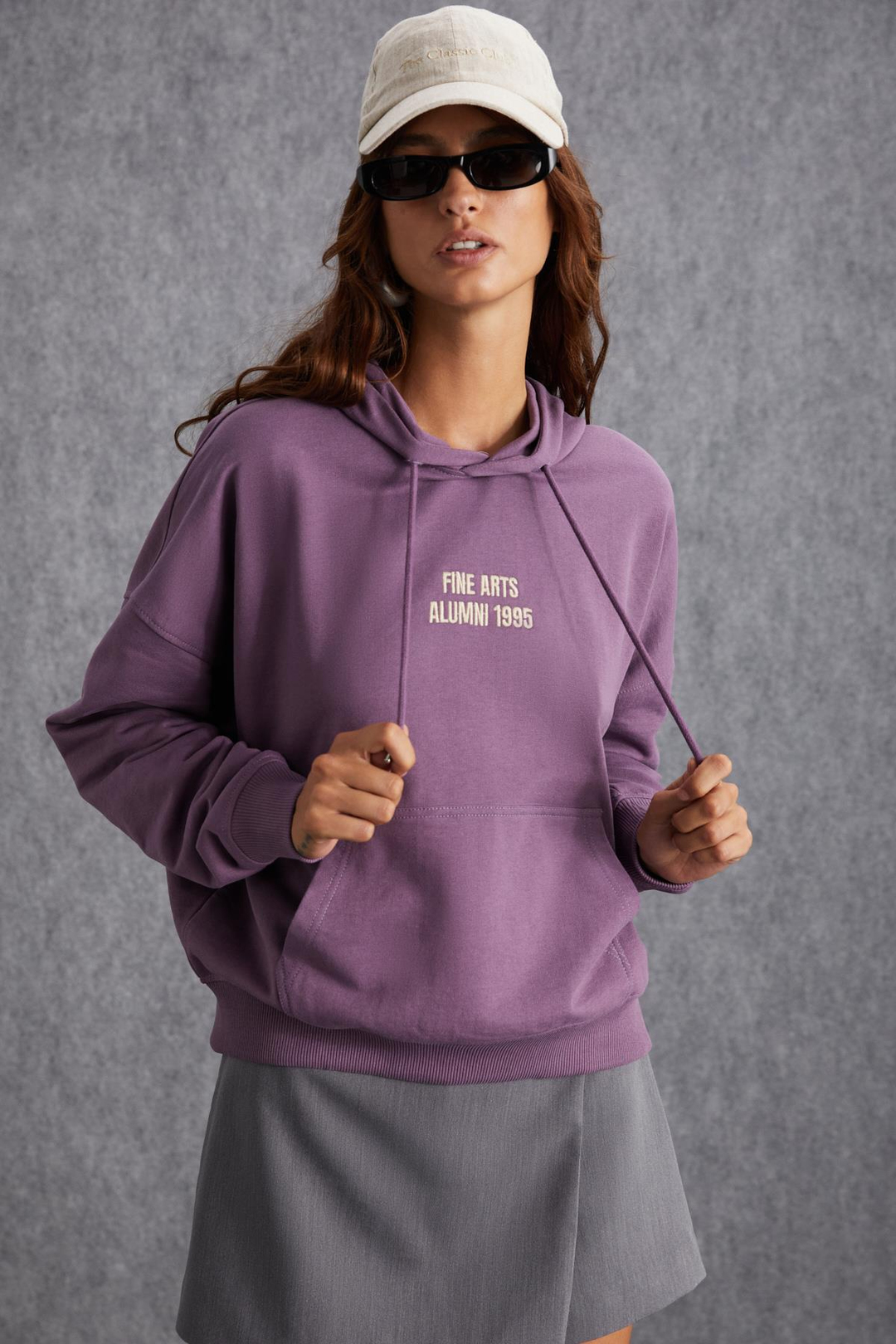 DAYELIN Kadın Nakış Detaylı Organik Pamuk Regular Kapüşonlu Kanguru Cepli Mor Sweatshirt