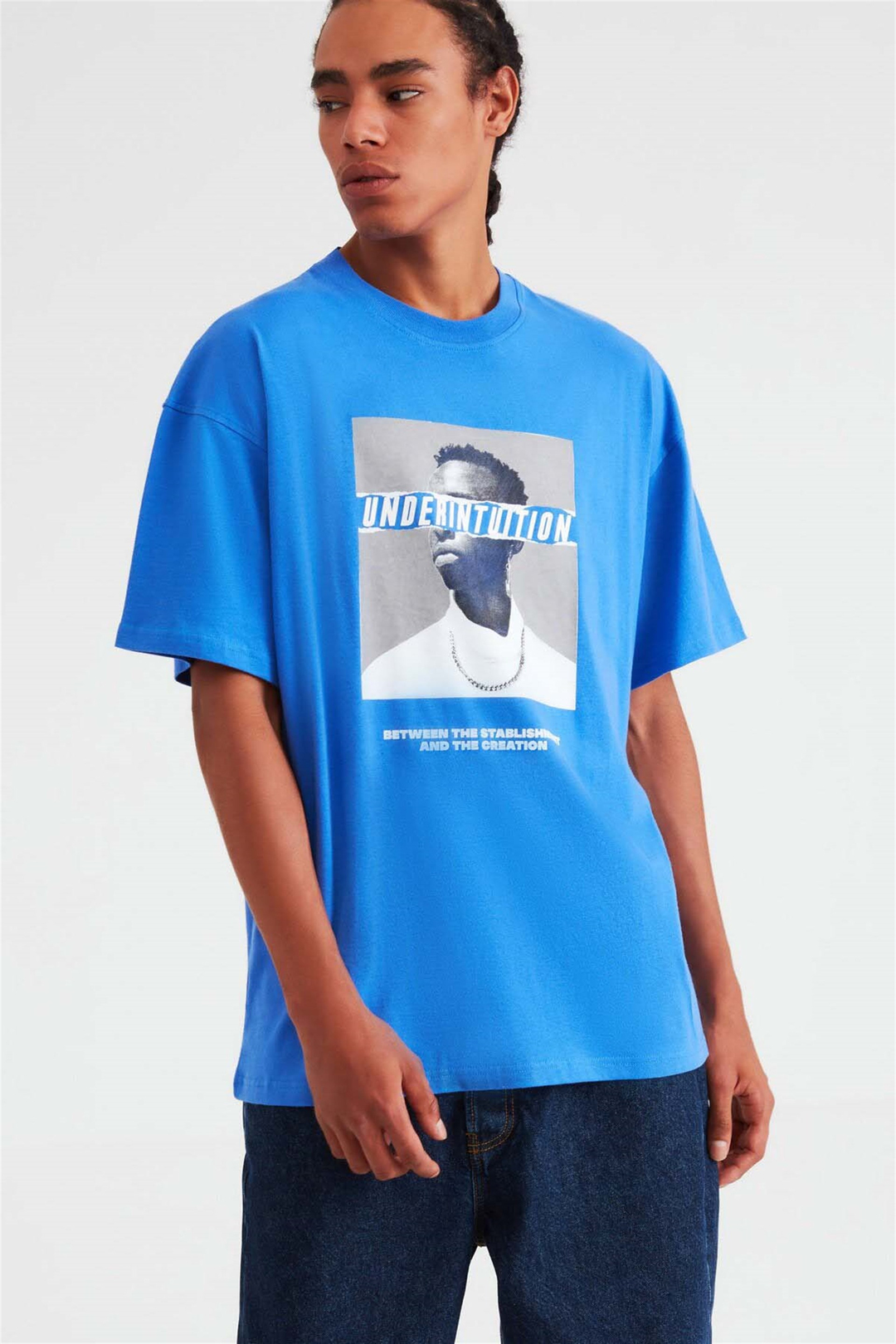 DECK Örme Oversize Saks Mavi  T-Shirt