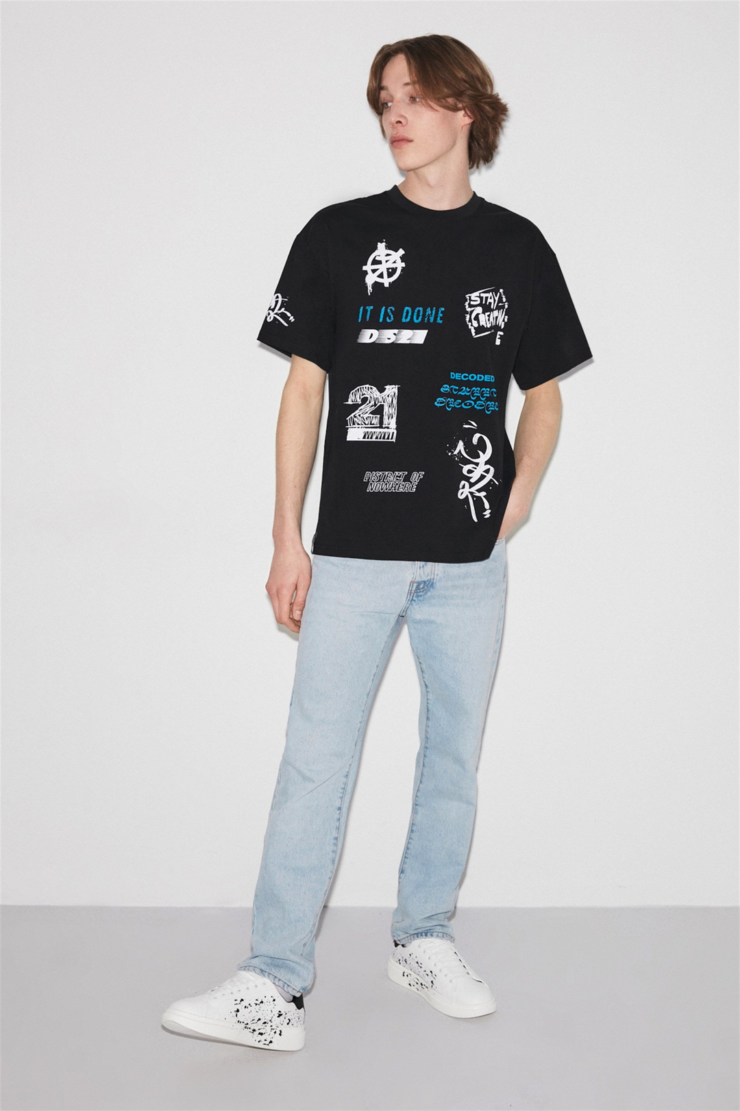 DECODED Erkek Siyah Baskılı Yuvarlak Yaka Oversize T-Shirt