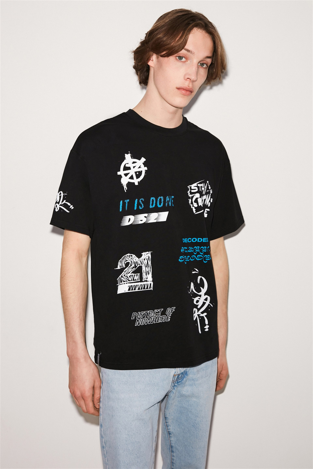 DECODED Erkek Siyah Baskılı Yuvarlak Yaka Oversize T-Shirt