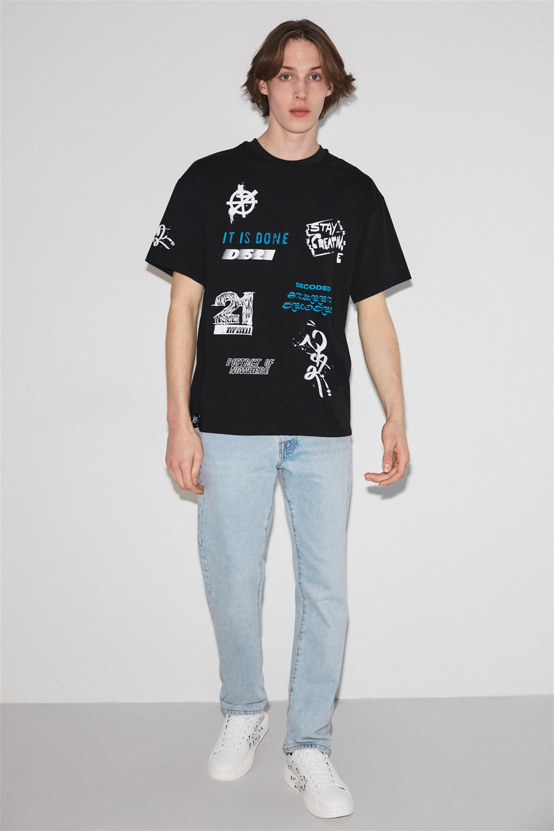 DECODED Erkek Siyah Baskılı Yuvarlak Yaka Oversize T-Shirt