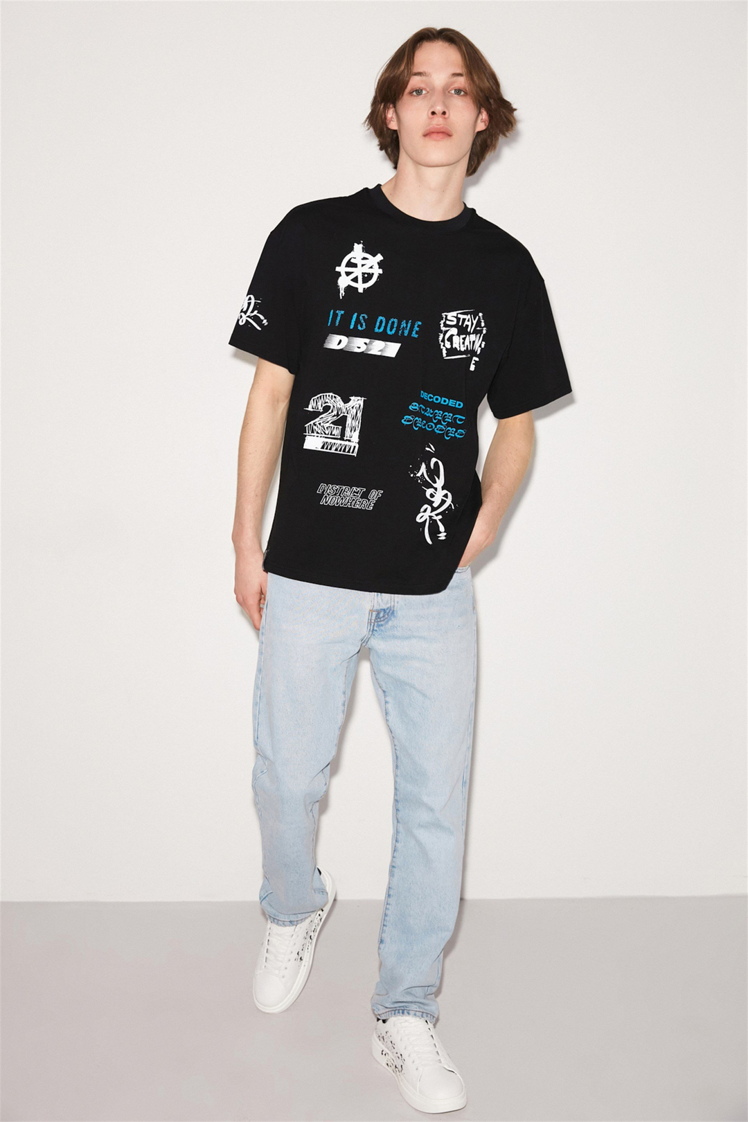 DECODED Erkek Siyah Baskılı Yuvarlak Yaka Oversize T-Shirt