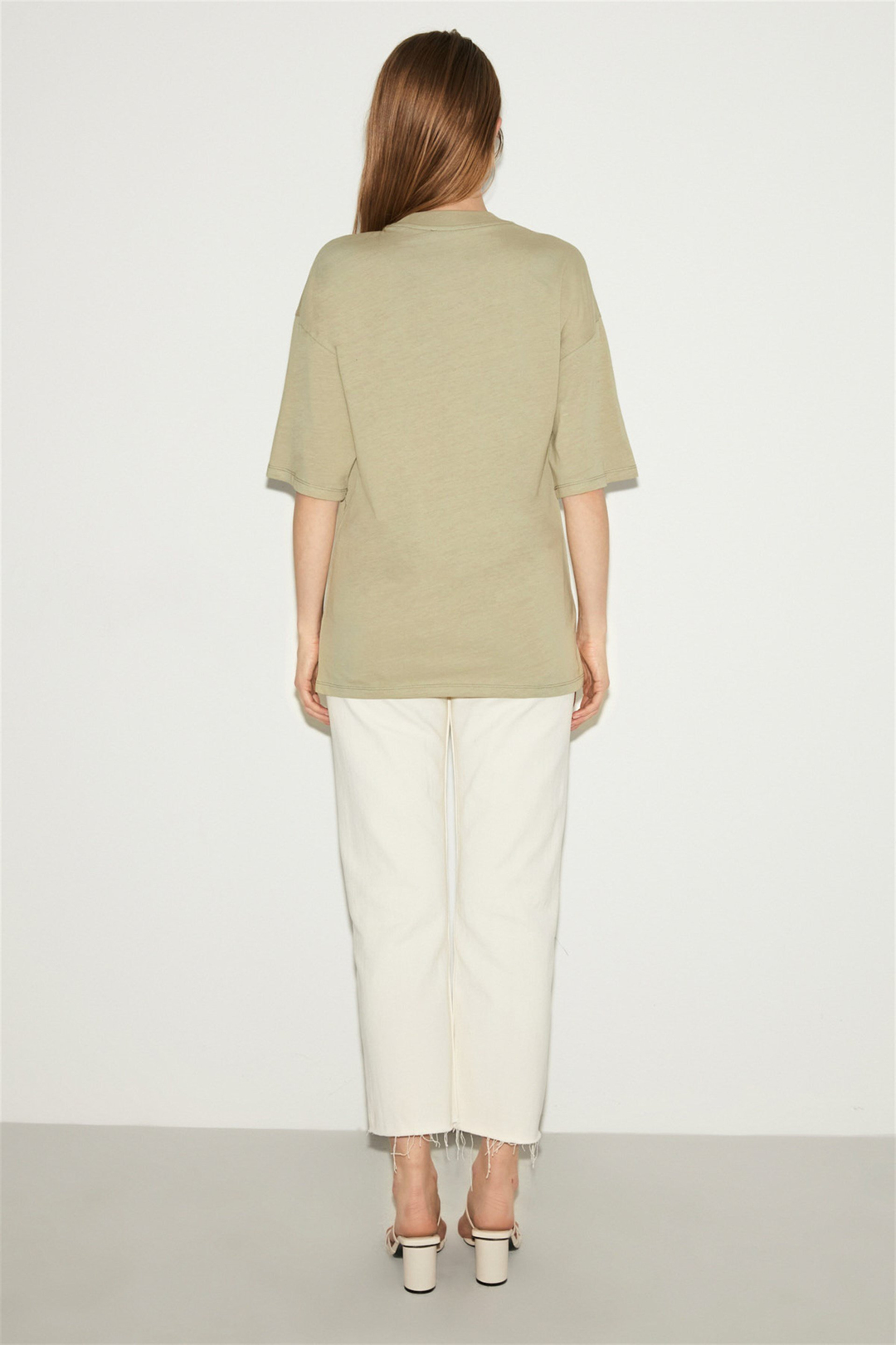 DELPHINE Kadın Açık Haki Baskılı Yuvarlak Yaka Oversize T-Shirt