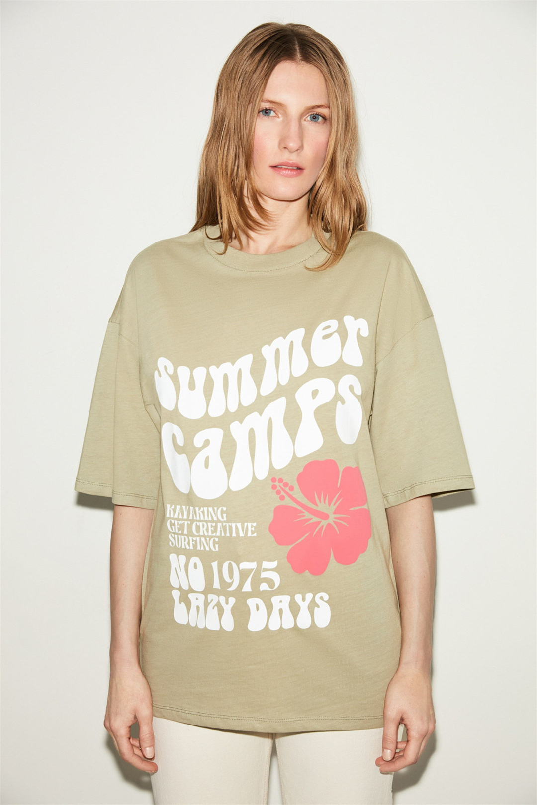 DELPHINE Kadın Açık Haki Baskılı Yuvarlak Yaka Oversize T-Shirt
