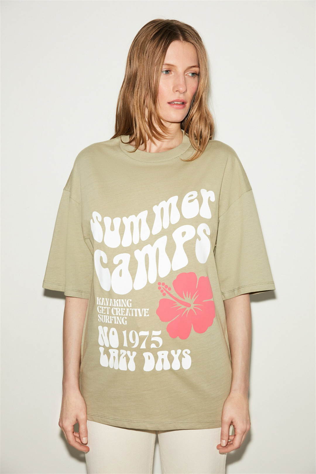 DELPHINE Kadın Açık Haki Baskılı Yuvarlak Yaka Oversize T-Shirt