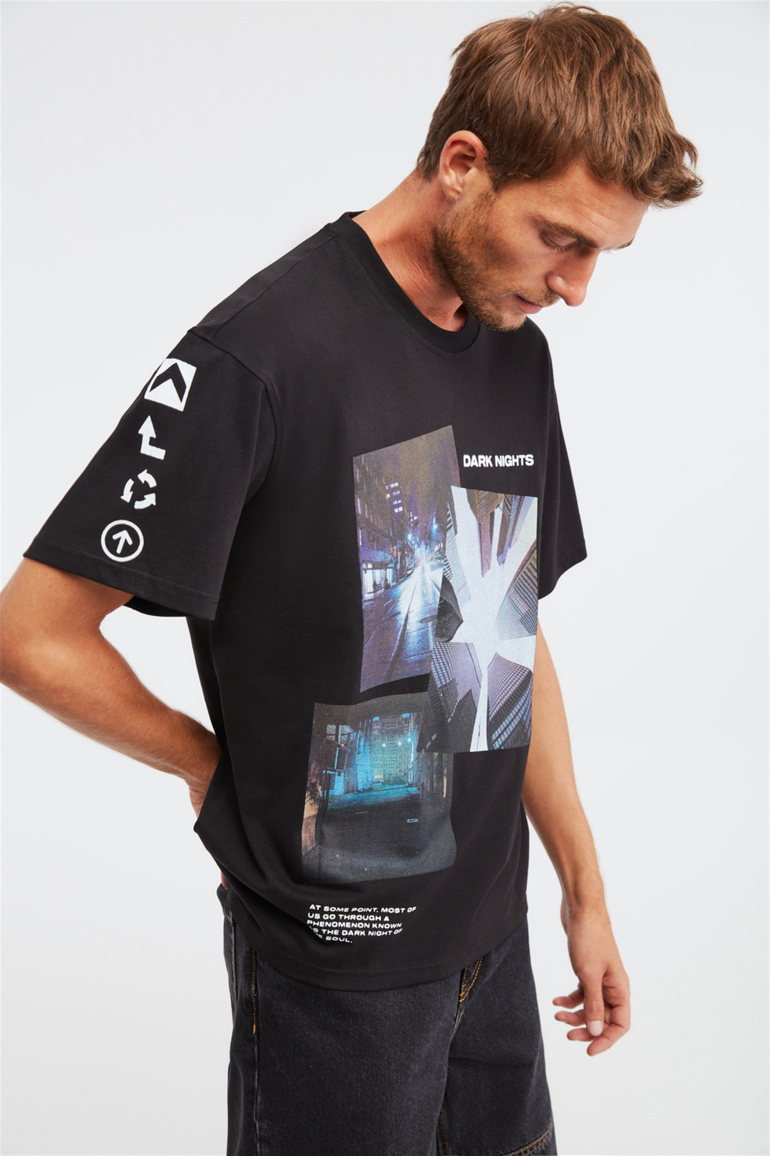 DEVO Erkek Siyah Baskılı Yuvarlak Yaka Oversize T-Shirt