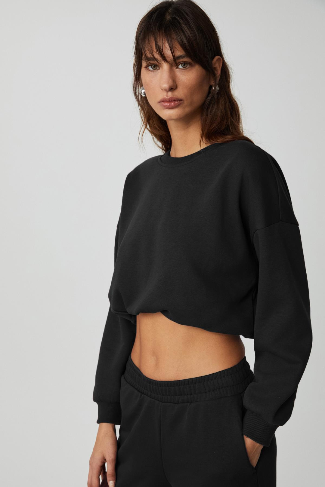 DEWANNA Kadın Uzun Kollu Crop Siyah Eşofman Takımı