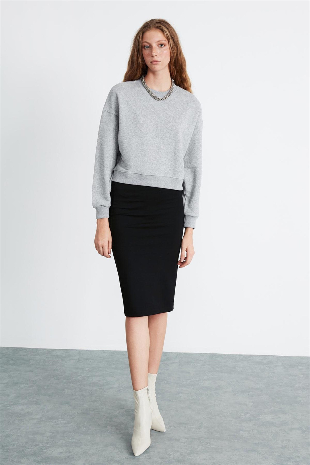 ELIZABETH Kadın Grimelanj Düz Renk Yuvarlak Yaka Comfort Fit Sweatshirt