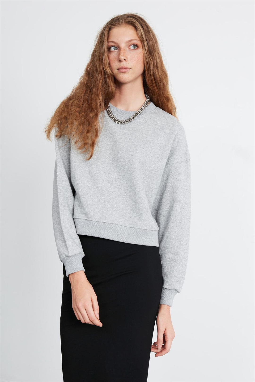 ELIZABETH Kadın Grimelanj Düz Renk Yuvarlak Yaka Comfort Fit Sweatshirt