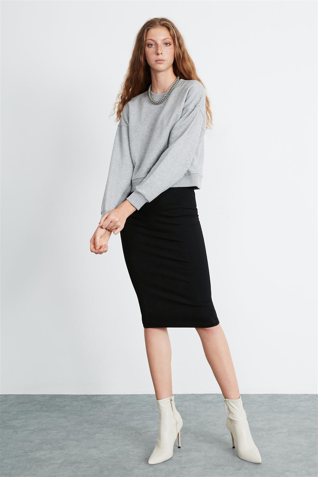 ELIZABETH Kadın Grimelanj Düz Renk Yuvarlak Yaka Comfort Fit Sweatshirt