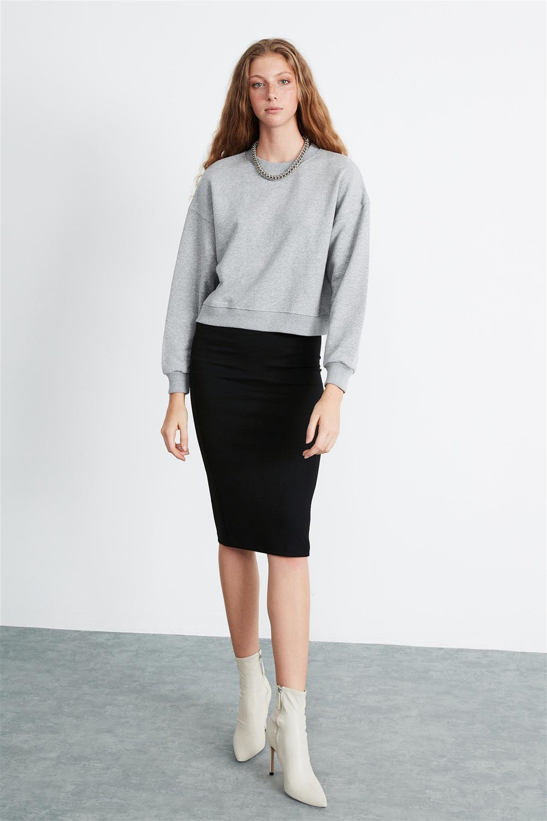 ELIZABETH Kadın Grimelanj Düz Renk Yuvarlak Yaka Comfort Fit Sweatshirt