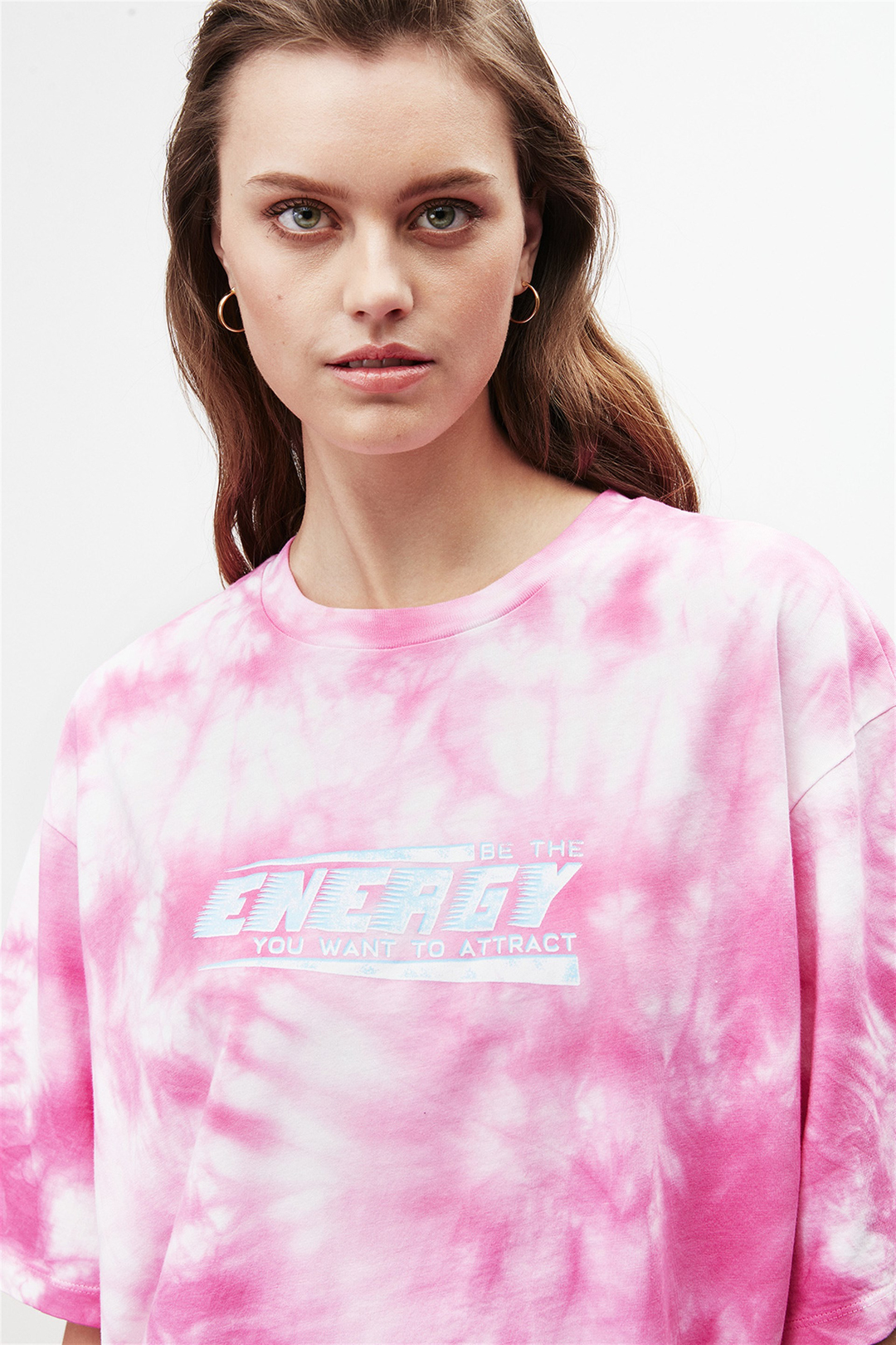 ENERGY Kadın Pembe Baskılı Yuvarlak Yaka Oversıze T-Shirt