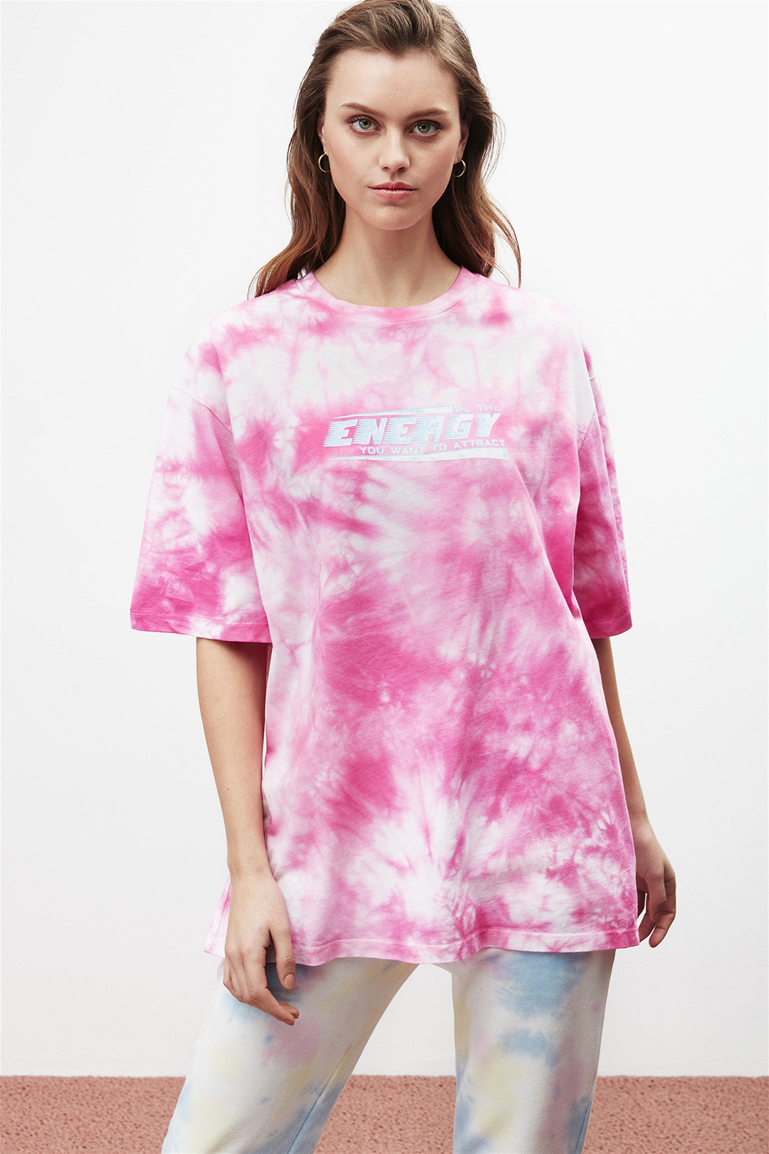 ENERGY Kadın Pembe Baskılı Yuvarlak Yaka Oversıze T-Shirt