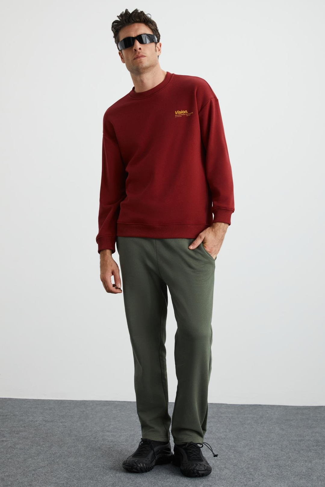 ERNEST Erkek Yumuşacık İçi Polarlı Baskı Detaylı Organik Pamuk Oversize Bordo Sweatshirt
